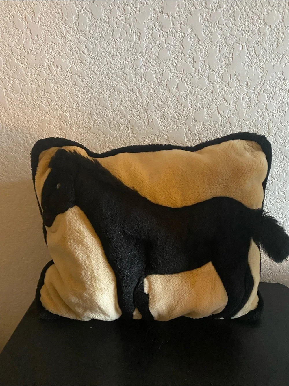 Horse Appliqué Equestrian 3D   Tan Black Trim Plush 14x12 Western Throw Pillow